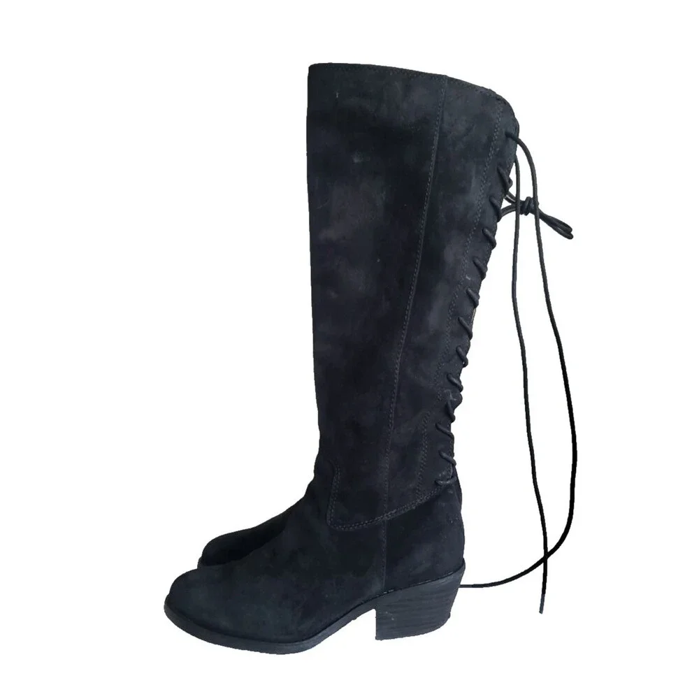 Aqua Sofft “Sharnell” Black Suede Knee High Boots Lace Up Water Resistant 6.5M